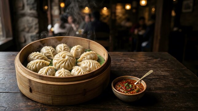 Steaming hot Nepali momo dumplings arranged in a circular bamboo basket, light steam rising, spicy tomato achar in a small bowl.