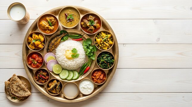 Large Nepali thali combining dal bhat and Thakali dishes, rich variety of food, top-down, bright background, symmetrical layout, copy space on right, ultra realistic, 8K, premium food advertisement.
