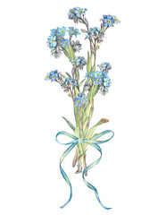 Obraz premium Watercolor bouquet with forget - me - not and bow isolated on white background. Spring and summer flower for sticker or sketchbook and card. Hand-drawn clipart for wallpaper or wrapping. Blue element