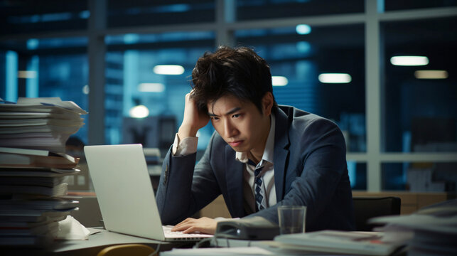 オフィスでノートパソコンに向かう残業中の日本人男性