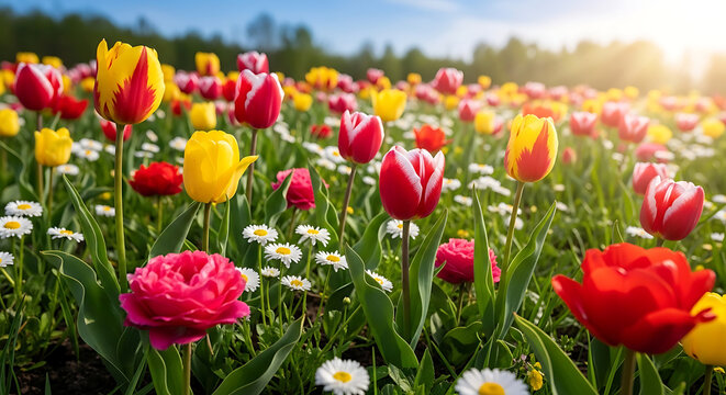Vibrant tulips and daisies bloom in a sunny flower field with lush greenery under a clear blue sky with warm sunlight.
