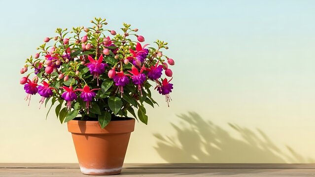 Graceful fuchsia blossoms in terracotta pot, radiating vibrant hues in sunlight