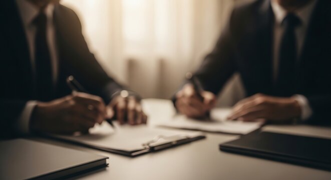 Business professionals engaged in the crucial act of signing official documents, symbolizing a definitive agreement, partnership, and the formalization of corporate ventures