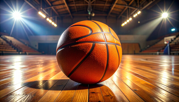 Basketball on wooden court overhead lighting