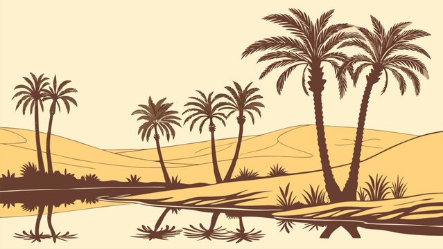Warm desert landscape with palm trees, sand dunes, and sunset tones. Tropical oasis vector illustration ideal for summer travel, vacation, and nature designs.