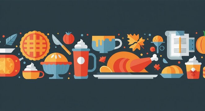 Thanksgiving Food and Drink Vector Illustration Seamless Pattern, Festive Autumn Holiday Celebration Elements, Decorative Banner Graphic
