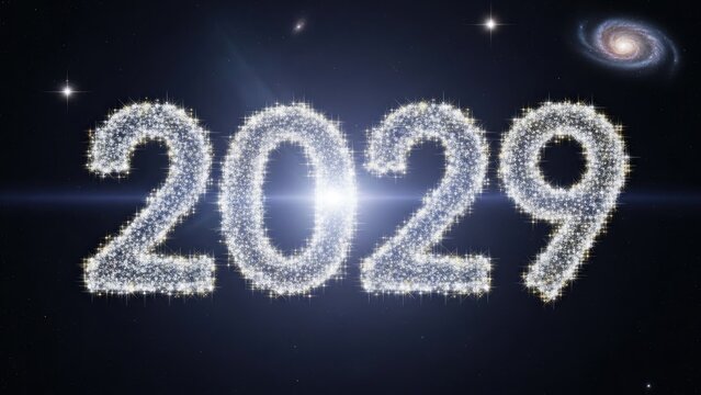 A futuristic depiction of the year 2029 in sparkling, illuminated numbers against a starry night sky