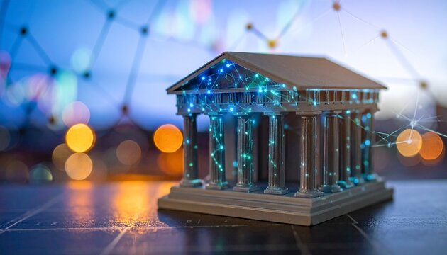 "Glowing digital classical-style building with network nodes, symbolizing blockchain, finance, and the fusion of institutional systems with futuristic technology."