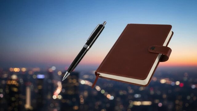 A black pen and a brown notebook float above a blurry city skyline at dusk, creating a dynamic, professional still life motion graphic.