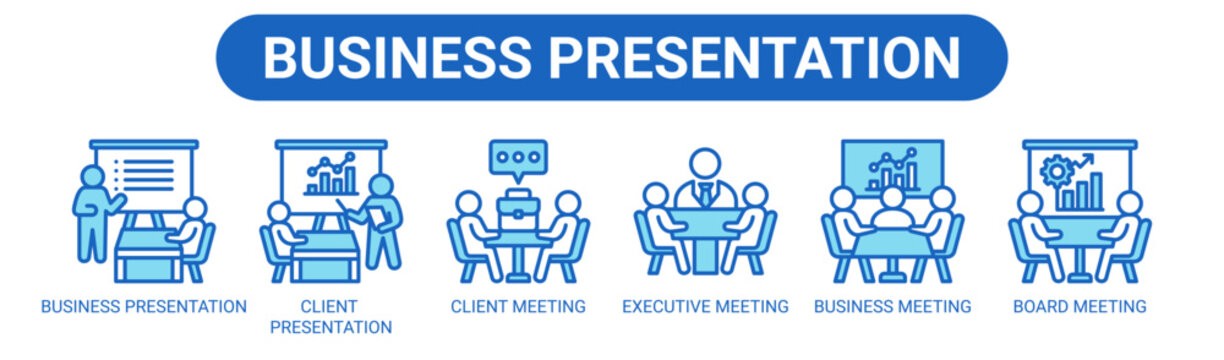 Business Presentation web banner icon vector illustration concept with icons of business presentation, client presentation, client meeting, executive meeting, business meeting, and board meeting.