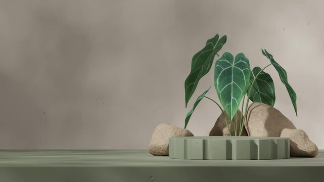 blank mockup terrazzo and wood podium of with looping seamless shadow animation rough texture brown wall, 3d video render