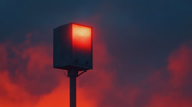 Red light on pole in sky illuminated red light fixture positioned vertically on a pole suspended in the atmosphere