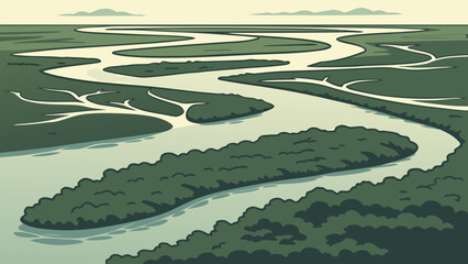 Aerial view of winding river channels across green wetlands. Minimal nature landscape illustration ideal for geography themes, environmental design, and modern backgrounds. © Tamar
