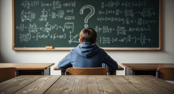 Math, education and learning in a classroom for student problem solving with young boy contemplating complex equations on chalkboard during study session. Knowledge, science and academics with