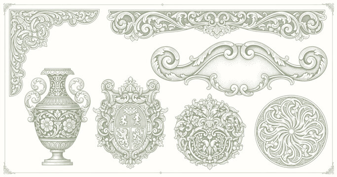 Set of decorative elements and ornate vintage frames featuring floral vector ornaments and calligraphic scroll patterns for an elegant Victorian style design illustration