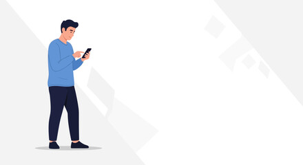 Obraz premium Man in blue sweater using smartphone, minimalist background with geometric shapes
