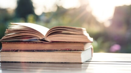 Naklejka premium Open old book pages glowing in warm bright golden sunlight