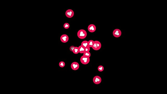 Exploding like button burst with floating heart reactions and social media engagement animation on black