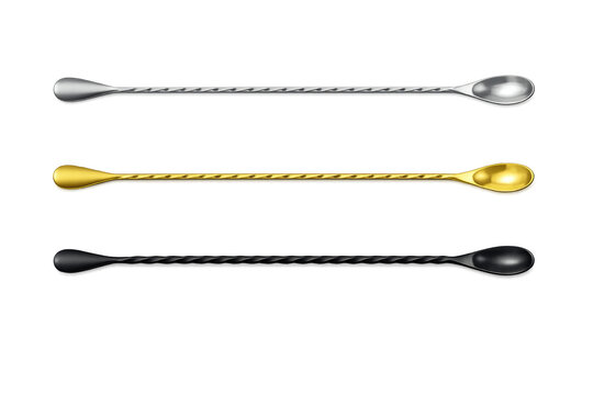 Bar spoons in silver, gold, and black colors for mixing cocktails