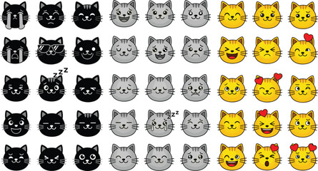 Fototapeta premium Cat emoji faces collection vector set with black gray and yellow kitten expressions isolated on white background for stickers and chat design