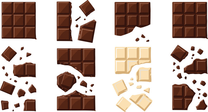 Chocolate bars collection vector illustration set with broken pieces and chunks of dark and white chocolate isolated on white background for food design