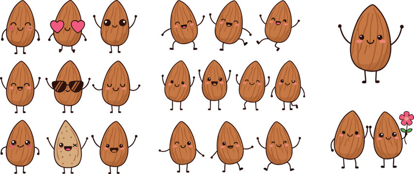 Cute almond characters collection kawaii nuts cartoon vector set with funny faces and poses isolated on white background for food and sticker design