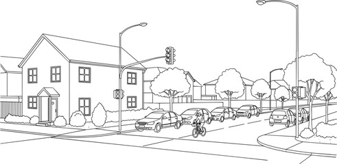 Naklejka premium Modern Suburban Neighborhood Street Scene with Two Story Residential House Traffic Lights and Cars in Minimalist Vector Illustration