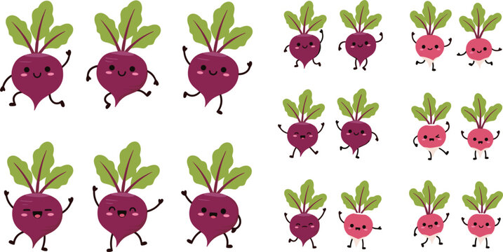 Cute beetroot characters collection kawaii vegetable cartoon vector set with funny faces and poses isolated on white background for healthy food design