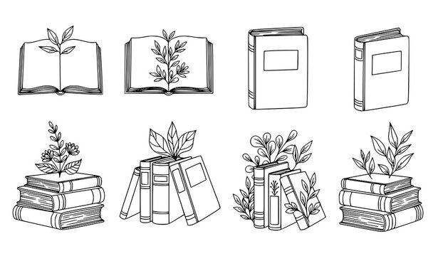 Hand drawn outline books vector set floral book stack open book illustration