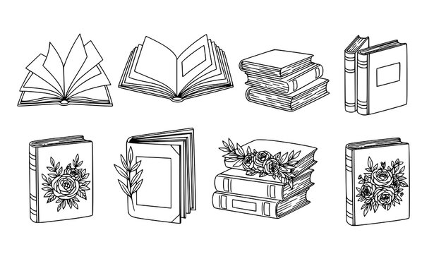 Floral book outline vector set hand drawn open book and stack illustration
