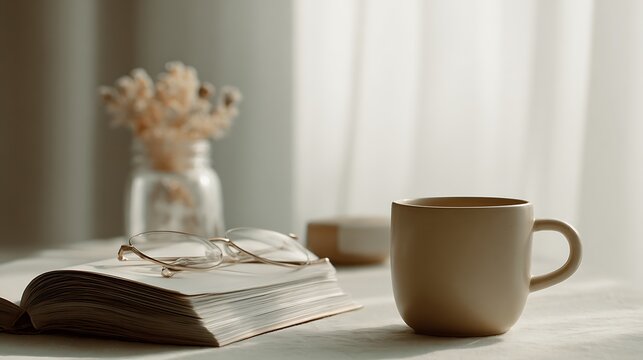 Empty tabletop as the main subject symbolizing daily routine beginnings, background softly fading into neutral tones with subtle depth, even ambient lighting ensuring a calm look, eye-level shot with 