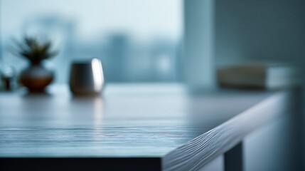 Empty tabletop as the main subject symbolizing readiness for productivity, background with subtle office environment fading into soft depth, balanced lighting with gentle highlights creating a focused
