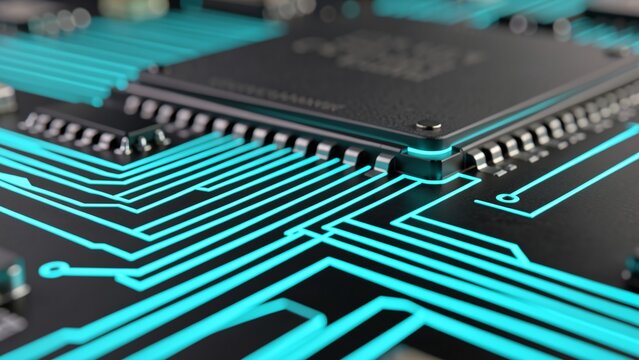 Macro Micro-Architecture Focus on Parallel Glowing Cyan Circuit Traces