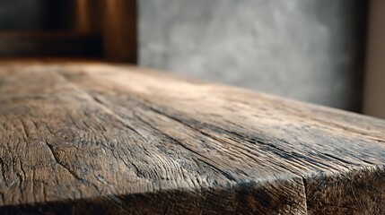 Empty wooden tabletop as the main subject emphasizing raw natural material, background with subtle earthy tones fading into soft depth, gentle directional lighting creating natural contrast, angled sh