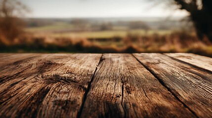 Empty wooden tabletop as the main subject showcasing natural grain and rustic character, softly blurred countryside-inspired background, warm diffused lighting enhancing organic tones, eye-level shot 