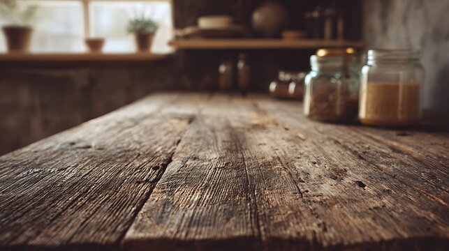 Empty wooden tabletop as the main subject representing organic living, background with soft rural tones and gentle depth, natural lighting with warm highlights enhancing authenticity, wide shot with a