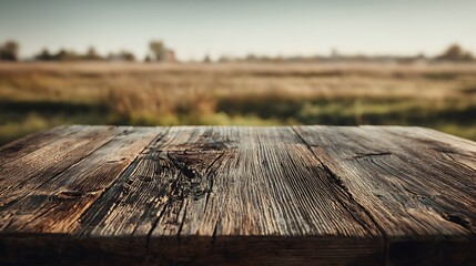 Empty wooden tabletop as the main subject showcasing natural grain and rustic character, softly blurred countryside-inspired background, warm diffused lighting enhancing organic tones, eye-level shot 
