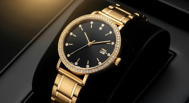 Luxury gold watch with black face and diamond bezel