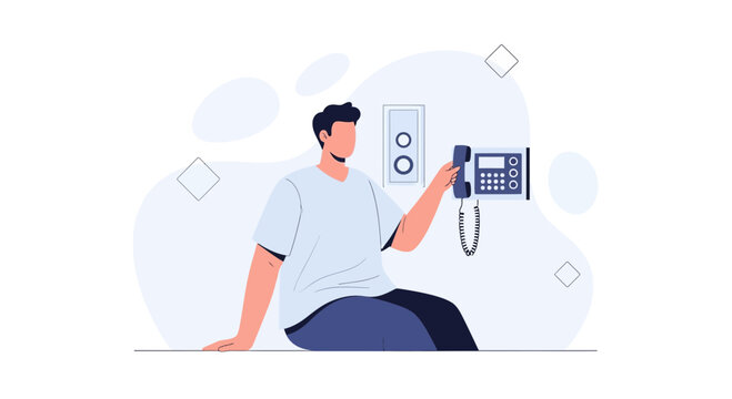 Man holding an intercom phone in a minimalist room, communication concept