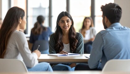 Fototapeta premium Smiling Young Woman Engages in Discussion with Peers in a Modern Office or University Setting.