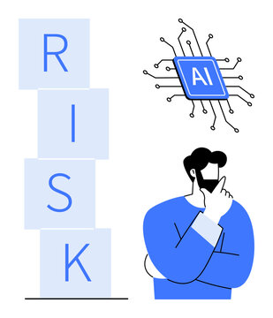 Technology risk, artificial intelligence, decision making, innovation challenges, machine learning, futuristic concepts. A person thinking next to a stack spelling risk and an AI chip. Technology