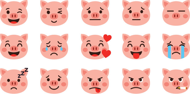 Cute pig emoji faces collection with different emotions cartoon vector set of funny animal expressions isolated on white background for stickers and design
