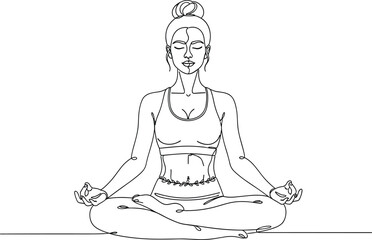 Obraz premium Young woman practicing yoga in lotus pose for meditation and mindfulness in a minimalist black and white line art vector.