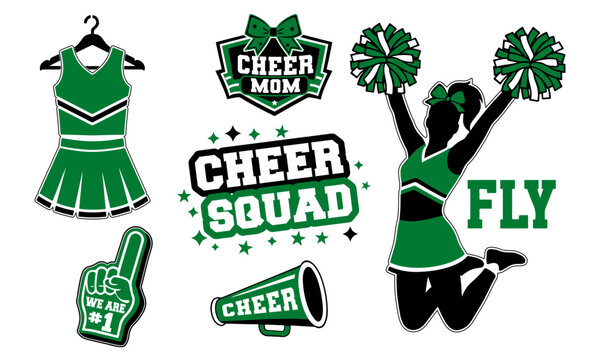 Cheerleading Vector Set Green and Black Cheer Mom, Cheer Squad Graphics, Uniform, Megaphone, and Cheerleader Silhouette for School Spirit and Sports Apparel