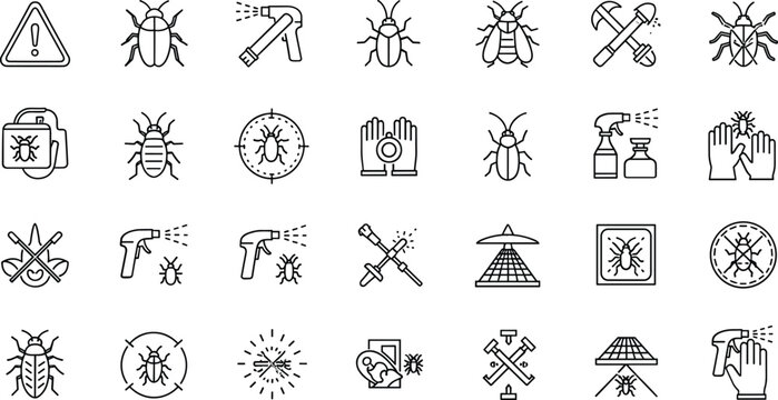 Pest control and insect extermination line icon set featuring bugs spray tools protection hygiene and sanitation symbols