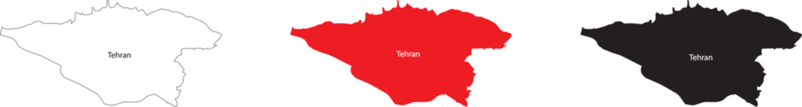 Minimalist Tehran province map silhouette set in white, red, and black colors, vector illustration of Iran regional geographic design

