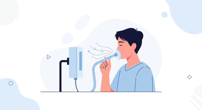 Man using nebulizer for respiratory treatment, medical inhaler concept