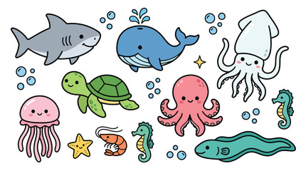 Fototapeta premium Cute Ocean Animals Vector Set with Kawaii Shark Whale Octopus and Sea Creatures for Childrens Education and Graphic Design