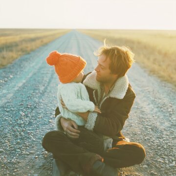 Young father holding toddler son on a gravel road, nostalgic family portrait in a rural setting, documentary style vintage for historical storytelling