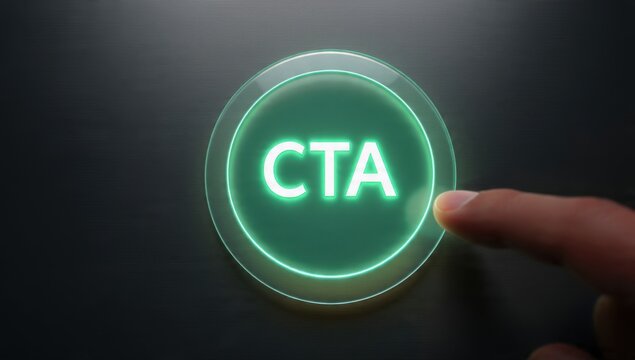 Call to action button, green neon CTA, finger pressing, web navigation, digital interface